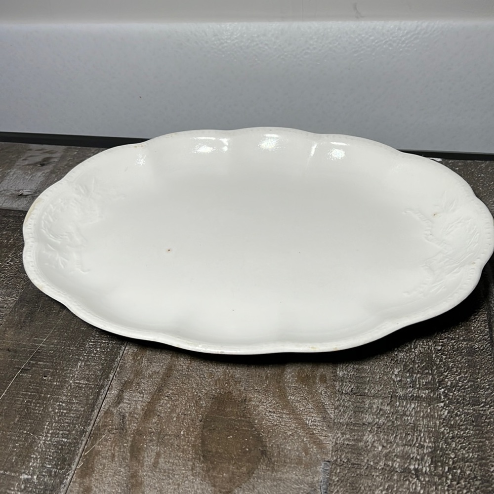 Vintage Edwin M. Knowles China Scalloped Edge Oval Platter Embossed Floral Ends